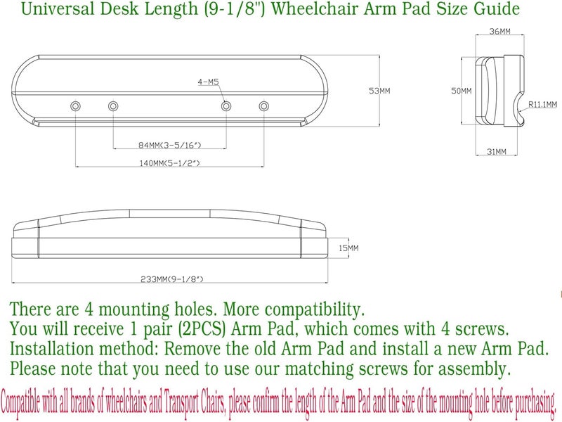 ComsenMed Universal Desk Arm Pad,Universal Desk Length (9-1/8") Wheelchair and Transport Chair Arm Pads w/Hardware, Replacement Vinyl Arm Pad Parts, Compatible with All Brands(1Pair,Black) - Image 3